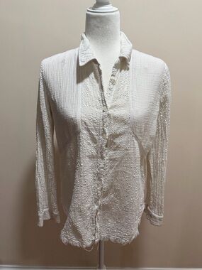 Raquel Allegra Off White Texture Cotton Gauze Button Down Long Sleeve Top 1 (S)